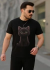 Erkek Bisiklet Yaka Kedi Baskılı Süprem Tshirt