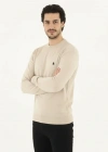 Erkek Bisiklet Yaka Nakış Işlemeli Triko Kazak Yumuşak Dokulu Pamuklu Ince Dokuma, Uzun Kollu Rahat Regular Kalıp  Bej