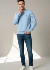 Erkek Bisiklet Yaka Nakış Işlemeli Triko Kazak Yumuşak Dokulu Pamuklu Ince Dokuma, Uzun Kollu Rahat Regular Kalıp  Mavi
