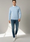 Erkek Bisiklet Yaka Nakış Işlemeli Triko Kazak Yumuşak Dokulu Pamuklu Ince Dokuma, Uzun Kollu Rahat Regular Kalıp  Mavi