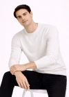 Erkek Bisiklet Yaka Triko Kazak Yumuşak Dokulu Pamuklu Ince Dokuma, Uzun Kollu Rahat Regular Kalıp  Beyaz