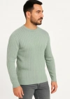 Erkek Bisiklet Yuvarlak Yaka Triko Kazak Pamuklu Kalın Fitilli Dokuma, Regular Fit Uzun Kollu Kışlık odel  int Yeşili