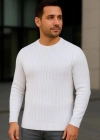 Erkek Bisiklet Yuvarlak Yaka Triko Kazak Pamuklu Kalın Fitilli Dokuma, Regular Fit Uzun Kollu Kışlık odel  Beyaz