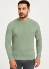 Erkek Bisiklet Yuvarlak Yaka Triko Kazak Pamuklu Kalın Fitilli Dokuma, Regular Fit Uzun Kollu Kışlık odel  int Yeşili