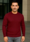 Erkek Bisiklet Yuvarlak Yaka Triko Kazak Pamuklu Kalın Fitilli Dokuma, Regular Fit Uzun Kollu Kışlık odel  Bordo