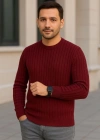 Erkek Bisiklet Yuvarlak Yaka Triko Kazak Pamuklu Kalın Fitilli Dokuma, Regular Fit Uzun Kollu Kışlık odel  Bordo