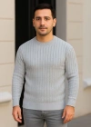 Erkek Bisiklet Yuvarlak Yaka Triko Kazak Pamuklu Kalın Fitilli Dokuma, Regular Fit Uzun Kollu Kışlık odel  Gri