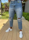 Erkek Buz Mavi Boyfriend Yırtık Detaylı Jean