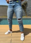 Erkek Buz Mavi Boyfriend Yırtık Detaylı Jean