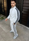 Erkek Çift Şeritli Eşofman Takım Dik Yaka Fermuarlı weatshirt Boru Paça Alt, Oversize 3 Iplik Pamuklu  Beyaz