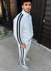 Erkek Çift Şeritli Eşofman Takım Dik Yaka Fermuarlı weatshirt Boru Paça Alt, Oversize 3 Iplik Pamuklu  Beyaz