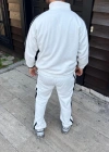 Erkek Çift Şeritli Eşofman Takım Dik Yaka Fermuarlı weatshirt Boru Paça Alt, Oversize 3 Iplik Pamuklu  Beyaz