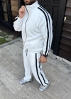 Erkek Çift Şeritli Eşofman Takım Dik Yaka Fermuarlı weatshirt Boru Paça Alt, Oversize 3 Iplik Pamuklu  Beyaz