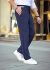 Erkek Cizgili Dokuma Krep Jogger Buggy Pantalon Rahat Kalıp  acivert