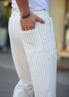 Erkek Cizgili Dokuma Krep Jogger Buggy Pantalon Rahat Kalıp  Beyaz