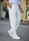 Erkek Cizgili Dokuma Krep Jogger Buggy Pantalon Rahat Kalıp  Beyaz