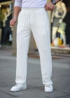 Erkek Cizgili Dokuma Krep Jogger Buggy Pantalon Rahat Kalıp  Beyaz