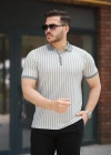 Erkek çizgili Fermuar Yakalı Kısa Kollu Tişört