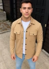 Erkek Diagonal Kumaş Cepli Çıtçıtlı Uzun Kollu, Gömlek Oversize Rahat Kalıp Günlük Şık til  Bej