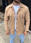 Erkek Diagonal Kumaş Cepli Çıtçıtlı Uzun Kollu, Gömlek Oversize Rahat Kalıp Günlük Şık til  Bej