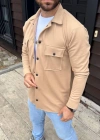 Erkek Diagonal Kumaş Cepli Çıtçıtlı Uzun Kollu, Gömlek Oversize Rahat Kalıp Günlük Şık til  Bej