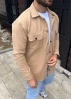 Erkek Diagonal Kumaş Cepli Çıtçıtlı Uzun Kollu, Gömlek Oversize Rahat Kalıp Günlük Şık til  Bej