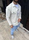 Erkek Diagonal Kumaş Cepli Çıtçıtlı Uzun Kollu, Gömlek Oversize Rahat Kalıp Günlük Şık til  Beyaz