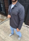 Erkek Diagonal Kumaş Cepli Çıtçıtlı Uzun Kollu, Gömlek Oversize Rahat Kalıp Günlük Şık til  Füme