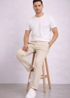 Erkek Diagonel ikro Dokulu Duble Paça Cepli Pantolon Bağcıklı Bel, odern Kesim  Krem