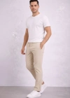 Erkek Diagonel ikro Dokulu Duble Paça Cepli Pantolon Bağcıklı Bel, odern Kesim  Krem