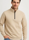 Erkek Dik Yaka weatshirt Dik Yaka Yarım Fermuarlı 3 İplik Şardonlu Pamuk Kumaş  Bej