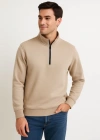 Erkek Dik Yaka weatshirt Dik Yaka Yarım Fermuarlı 3 İplik Şardonlu Pamuk Kumaş  Bej