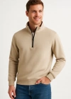 Erkek Dik Yaka weatshirt Dik Yaka Yarım Fermuarlı 3 İplik Şardonlu Pamuk Kumaş  Bej