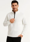 Erkek Dik Yaka weatshirt Dik Yaka Yarım Fermuarlı 3 İplik Şardonlu Pamuk Kumaş  Beyaz