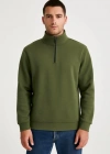 Erkek Dik Yaka weatshirt Dik Yaka Yarım Fermuarlı 3 İplik Şardonlu Pamuk Kumaş  Haki