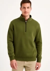 Erkek Dik Yaka weatshirt Dik Yaka Yarım Fermuarlı 3 İplik Şardonlu Pamuk Kumaş  Haki
