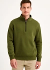 Erkek Dik Yaka weatshirt Dik Yaka Yarım Fermuarlı 3 İplik Şardonlu Pamuk Kumaş  Haki