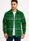 Erkek Ekose Desenli Düğmeli Polar Yakalı Uzun Kollu Gömlek Oversize Rahat Kalıp  Yeşil
