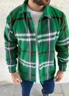 Erkek Ekose Desenli Düğmeli Polar Yakalı Uzun Kollu Gömlek Oversize Rahat Kalıp  Yeşil