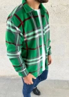 Erkek Ekose Desenli Düğmeli Polar Yakalı Uzun Kollu Gömlek Oversize Rahat Kalıp  Yeşil