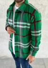 Erkek Ekose Desenli Düğmeli Polar Yakalı Uzun Kollu Gömlek Oversize Rahat Kalıp  Yeşil