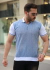 Erkek Fermuar Yakalı çizgili Kısa Kollu Tişört