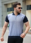 Erkek Fermuar Yakalı çizgili Kısa Kollu Tişört