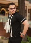 Erkek Fermuar Yakalı şerit Detaylı Kısa Kollu Tişört
