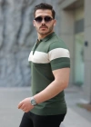 Erkek Fermuar Yakalı şerit Renk Desenli Kısa Kollu Tişört