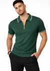 Erkek Fermuarlı Yaka Fitilli Triko Kısa Kollu Regular Fit Tişört Tshirt  Yeşil