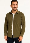 Erkek Fitilli Kadife Cepli Gömlek Oversize Rahat Kalıp  Haki