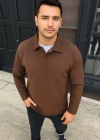 Erkek Fitilli Polar weatshirt – Düğmesiz Polo Yaka, Oversize Rahat Kalıp, Kalın Polar Kumaş, Kışlık Ve Baharlık Şık Günlük Üst  Kahverengi