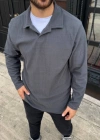 Erkek Fitilli Polar weatshirt – Düğmesiz Polo Yaka, Oversize Rahat Kalıp, Kalın Polar Kumaş, Kışlık Ve Baharlık Şık Günlük Üst  Füme