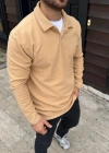 Erkek Fitilli Polar weatshirt – Düğmesiz Polo Yaka, Oversize Rahat Kalıp, Kalın Polar Kumaş, Kışlık Ve Baharlık Şık Günlük Üst  Bej